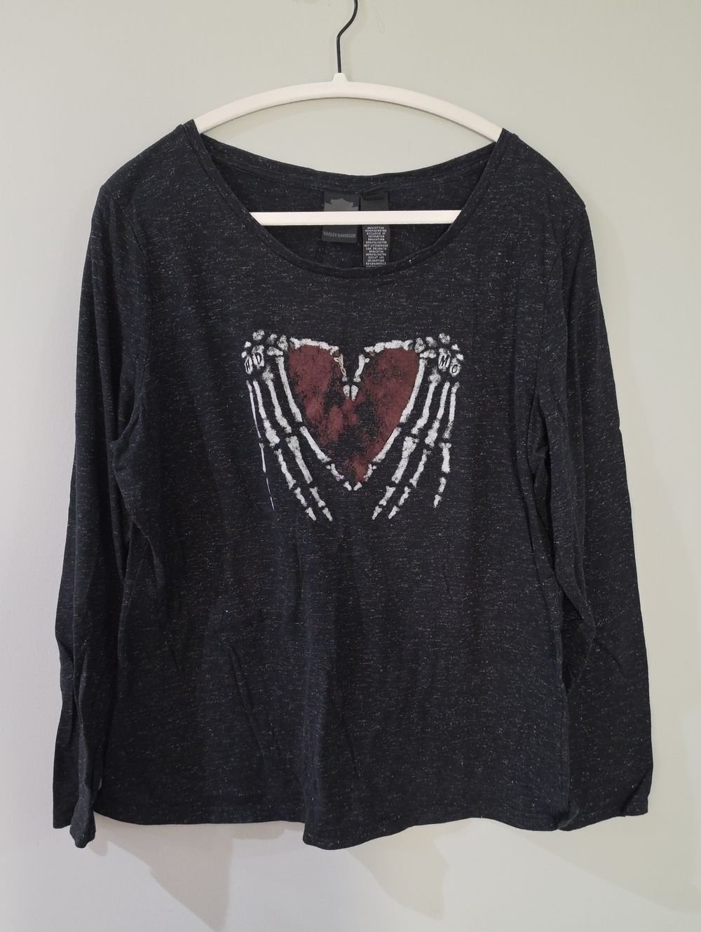 Harley-Davidson Black Long Sleeve Tee with Red Heart Skeleton Graphic